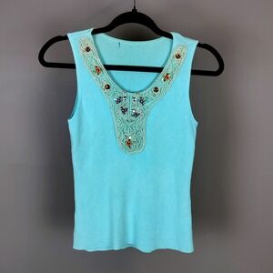 Vintage Silk‎ Blend Crochet Embroidered Beaded Ribbed Knit Tank Top Womens Aqua